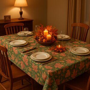 VTG Handmade Autumnal Leaf Print Artisan Oblong Tablecloth and 6 Napkins NEW